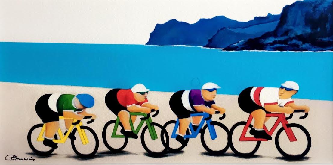 This is a paint of four cyclist on their bicycle